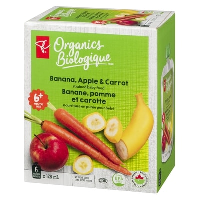 Nourriture en purée pour bébé banane, pomme et carotte
