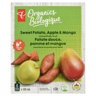Nourriture en purée pour bébé patate douce, pomme et mangue