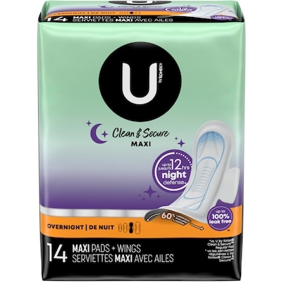 U by Kotex Serviettes maxi de nuit Clean & Secure avec ailes, 14 unités. 14 ea, 0,49 $/1ch