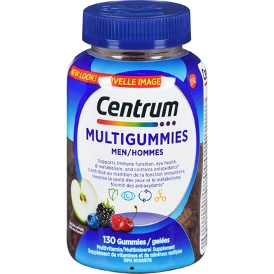 Centrum MultiGummies Multivitamines Complètes pour Adultes Hommes Cerise, Baies et Pomme 130 Gelées 130 ea, 0,14 $/1ch