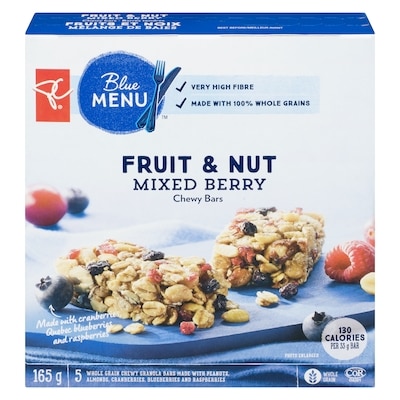 PC Blue Menu Fruit & Nut Mixed Berry Chewy Bars 165 g, $2.90/100g