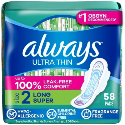Always Ultra Thin Feminine Pads with Wings for Women, Size 2, Long Super Absorbency, Unscented, 58 Count 58 ea, $0.31/1ea