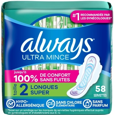 Always Serviettes féminines Ultra Thin, longues, degré d’absorption super, avec ailes, pour femmes, taille 2, non parfumées, 58 serviettes 58 ea, 0,29 $/1ch