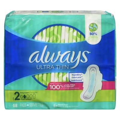 Always Serviettes féminines Ultra Thin, longues, degré d’absorption super, avec ailes, pour femmes, taille 2, non parfumées, 58 serviettes 58 ea, 0,29 $/1ch