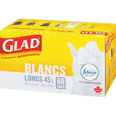 Sacs à ordures blancs longs avec senteur fraîche et propre de Febreze fraîcheur, sacs à ordures de 45 L