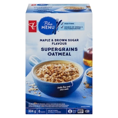PC Blue Menu Blue Menu Maple and Brown Sugar Flavour Supergrains Oatmeal 8x304.0 g, $1.48/100g