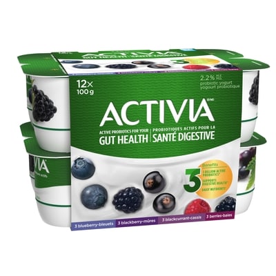 Activia Probiotic Yogurt, Blackberry/Blueberry/Blackcurrent/Berries 12x100.0 g, $0.63/100g