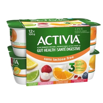 Activia Yogourt probiotique sans lactorse, saveur citron-lime / grenade-baies / mandarine-orange / framboise-litchi 12x100.0 g, 0,54 $/100g