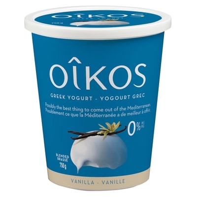 Oikos Greek Yogurt, Vanilla, Blended, 0% M.F. 750 g, $1.00/100g