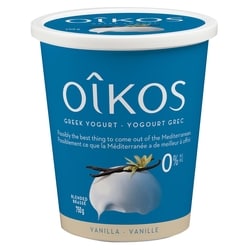 Oikos Yogourt grec sans gras, vanille, 0% M.G., brassé 750 g, 1,07 $/100g