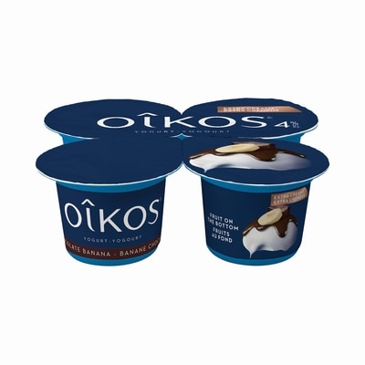 Oikos Yogourt grec, extra crémeux, banane chocolat, 9% M.G., fruits au fond 4x95.0 g, 1,26 $/100g