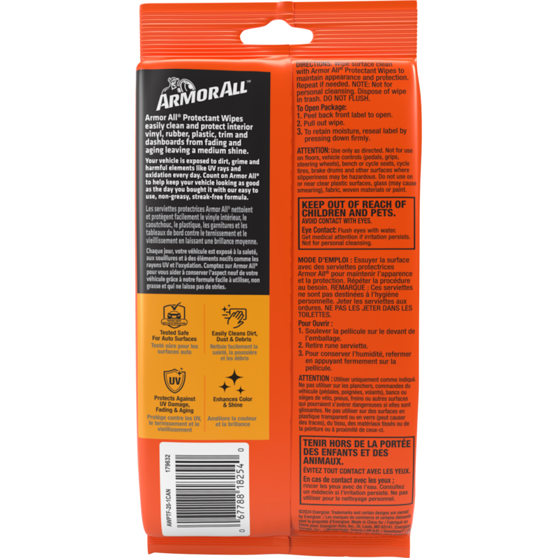 Car Interior Protectant Wipes - 20 Count.