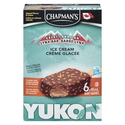 Chapman’s Yukon lynx  barre crème glacée chocolat, caramel salé et arachides 6x90.0 ml, 1,11 $/100ml