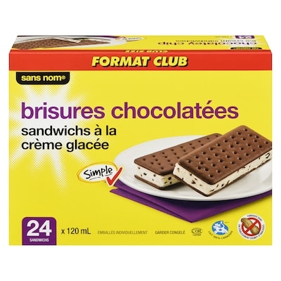 Sans Nom Sandwichs à la crème glacée, brisures chocolatées 24x120.0 ml, 0,35 $/100ml