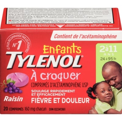 Tylenol Comprimés à croquer pour enfants, raisin 20 ea, 0,57 $/1ch