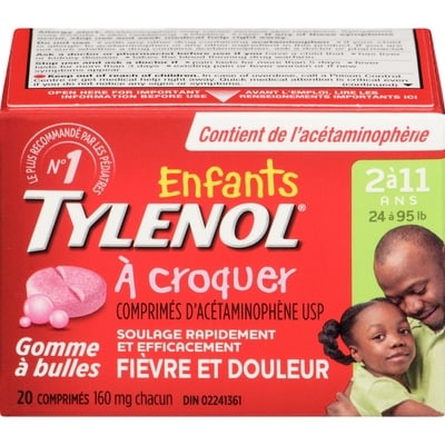 Tylenol Comprimés à croquer pour enfants, gomme balloune 20 ea, 0,57 $/1ch