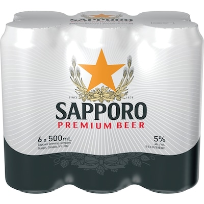 Sapporo Bière de première qualité à 5 % d’alcool depuis 1876. (Pièce d’identité requise au moment du ramassage) 6x500.0 ml, 3,69 $/100ml