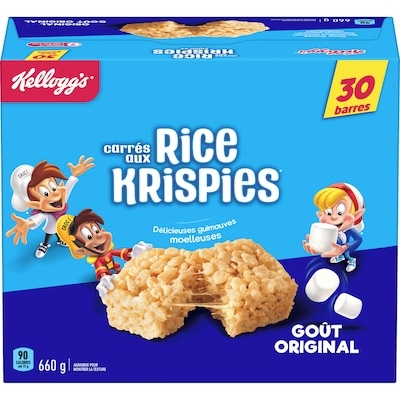 Kellogg’s Rice Krispies Barres Carrés aux Rice Krispies Goût original, format géant 30 barres de céréales 660 g, 1,52 $/100g