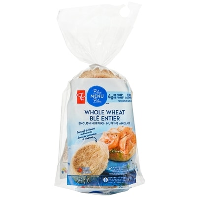 PC Blue Menu Whole Wheat English Muffins 342 g, $0.96/100g