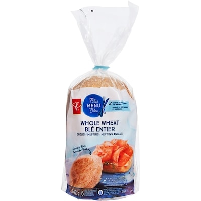 PC Blue Menu Whole Wheat English Muffins 342 g, $1.02/100g