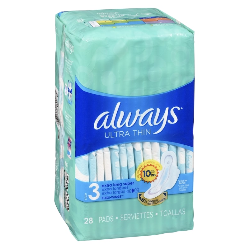Ultra Thin Feminine Pads with Wings for Women, Size 3, Extra Long Super Absorbency, Unscented, 28 Count