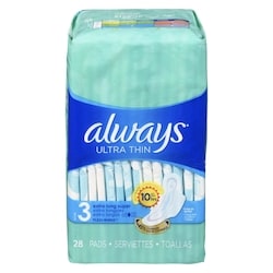Always Serviettes féminines Ultra Thin, extra longues, degré d’absorption super, avec ailes, pour femmes, taille 3, non parfumées, 28 serviettes 28 ea, 0,43 $/1ch