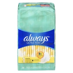 Always Serviettes féminines Ultra Thin, degré d’absorption régulier, avec ailes, pour femmes, taille 1, non parfumées, 36 serviettes 36 ea, 0,33 $/1ch