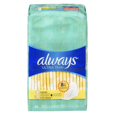 Always Serviettes féminines Ultra Thin, degré d’absorption régulier, avec ailes, pour femmes, taille 1, non parfumées, 36 serviettes 36 ea, 0,39 $/1ch