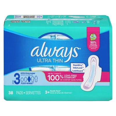 Always Serviettes féminines Ultra Thin, extra longues, degré d’absorption super, avec ailes, pour femmes, taille 3, non parfumées, 38 serviettes 38 ea, 0,33 $/1ch