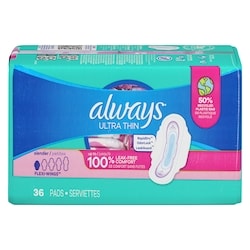 Always Serviettes féminines Ultra Thin, flux léger, avec ailes, pour femmes, taille 1, non parfumées, 36 serviettes 36 ea, 0,33 $/1ch