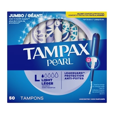 Tampax Pearl Tampons, with LeakGuard Braid, Light Absorbency, Unscented, 50 Count. 50 ea, $0.32/1ea
