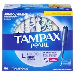 Pearl Tampons, with LeakGuard Braid, Light Absorbency, Unscented, 50 Count.