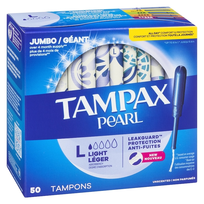 Pearl Tampons, with LeakGuard Braid, Light Absorbency, Unscented, 50 Count.
