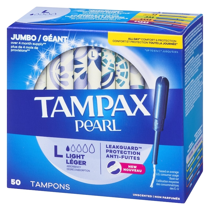 Pearl Tampons, with LeakGuard Braid, Light Absorbency, Unscented, 50 Count.