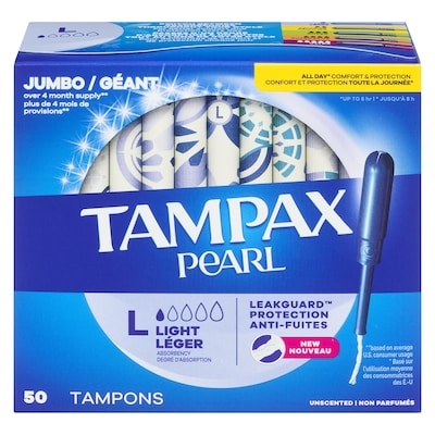 Tampax Tampons Pearl avec tresse anti-fuites LeakGuard, degré d’absorption léger, non parfumés, 50 tampons. 50 ea, 0,32 $/1ch