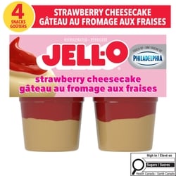 Jell-O Goûters au gâteau au fromage réfrigéré à saveur de gâteau au fromage à la fraise, paquet de 4x99.0 g, 1,46 $/100g
