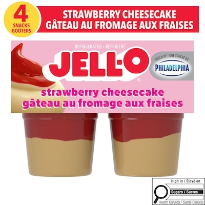 Jell-O Goûters au gâteau au fromage réfrigéré à saveur de gâteau au fromage à la fraise, paquet de 4x99.0 g, 1,46 $/100g