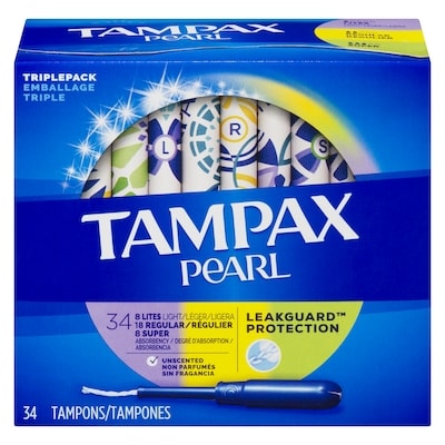 Tampax Tampons Pearl avec tresse anti-fuites LeakGuard, degré d’absorption léger/régulier/super, emballage triple, non parfumés, 34 tampons. 34 ea, 0,35 $/1ch