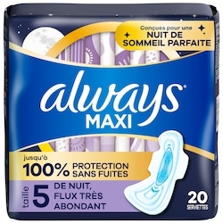 Always Serviettes Maxi, de nuit, flux très abondant, avec ailes, taille 5 20 ea, 0,70 $/1ch