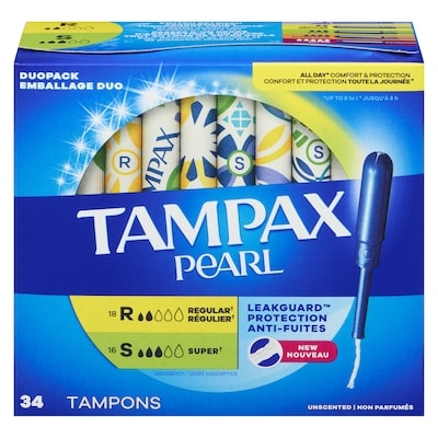Tampax Pearl Tampons Duo Multipack, with LeakGuard Braid, Regular/Super Absorbency, Unscented, 34 Count. 34 ea, $0.35/1ea