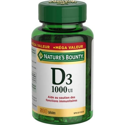Nature’s Bounty Vitamine D3, 1 000 UI 500 ea, 0,03 $/1ch