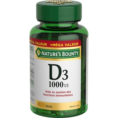 Nature’s Bounty Vitamine D3, 1 000 UI, format écon, 500 gélules 500 ea, 0,03 $/1ch