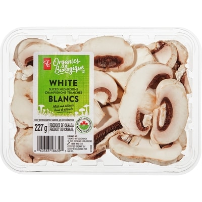 PC Biologique Champignons blancs, tranchés 227 g, 1,63 $/100g