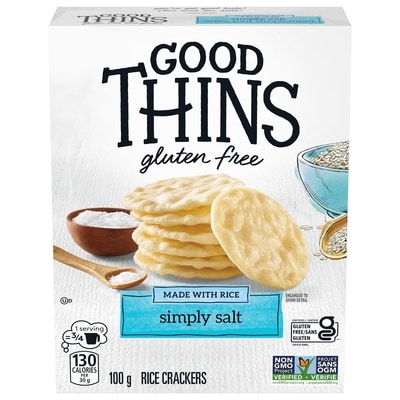 Christie Good Thins Rice Simply Salt Crackers, crackers are baked until they’re perfectly crisp for a satisfying crunch 100 g, $4.49/100g