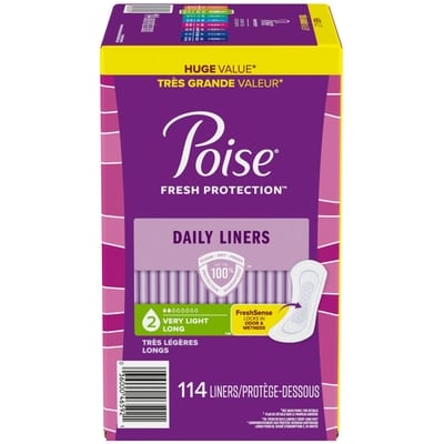 Poise Serviettes d’incontinence ultraminces pour femmes, degré d’absorption 2, absorption très légère, longue, 114 unités 114 ea, 0,19 $/1ch