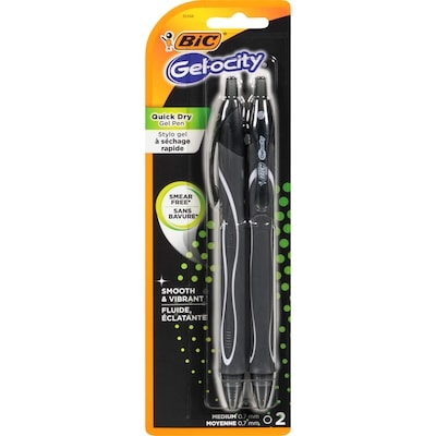 BIC Stylo gel BIC Gel-ocity à séchage rapide, pointe moyenne (0,7 mm), noir, lot de 2 2x1.0 ea, 2,25 $/1ch