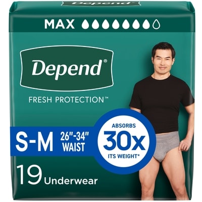 Depends Fresh Protection Adult Incontinence Underwear for Men (Formerly Fit-Flex), Disposable, Maximum, Small/Medium, Grey, 19 Count 19 ea, $1.16/1ea