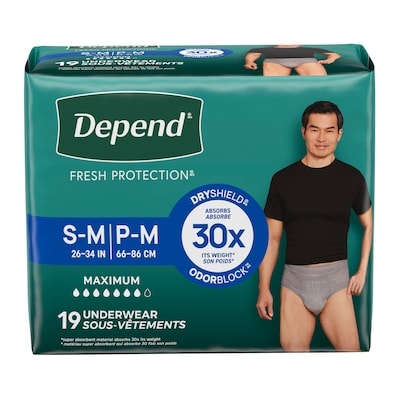 Depend Sous-vêtement d’incontinence Fresh Protection pour hommes, degré d’absorption maximal, P/M, gris, 19 unités 19 ea, 1,16 $/1ch