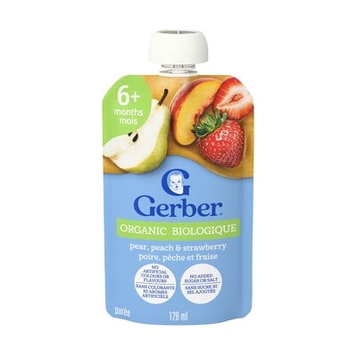 Nestlé Gerber Purée biologique Poire, pêche et fraise, pour bébés 128 ml, 1,48 $/100ml