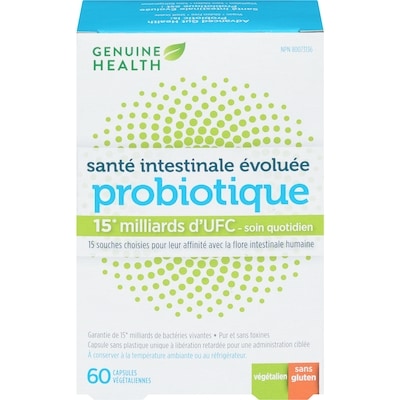 Genuine Health santé intestinale évoluée probiotique, 15 milliards d'UFC, 15 souches multiples, capsules végétaliennes à libération retardée 60 ea, 0,82 $/1ch